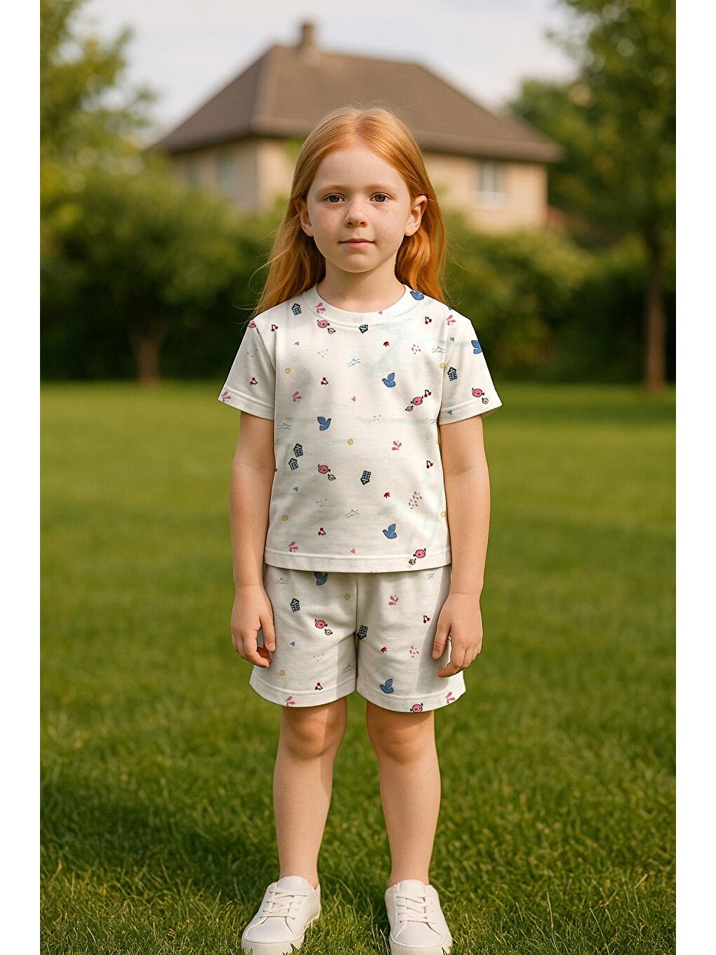 Beyaz Kız Çocuk %100 Pamuklu Kuş Desenli Şortlu Takım (3-4 Yaş 8-9 Yaş)