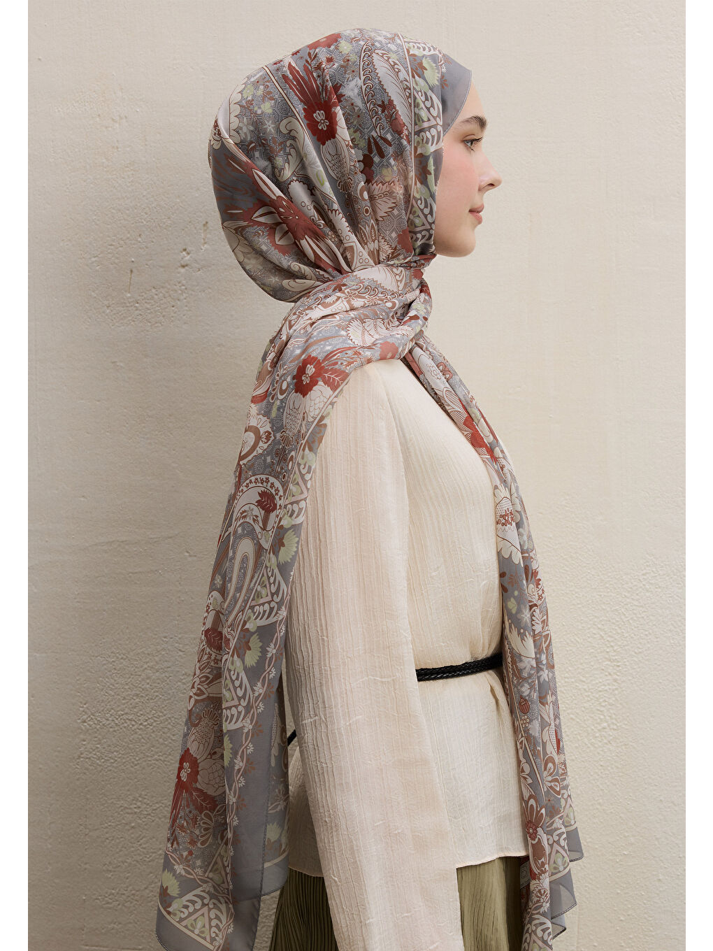 Bej Verona Desen İpek Krep Şal Vizon-4