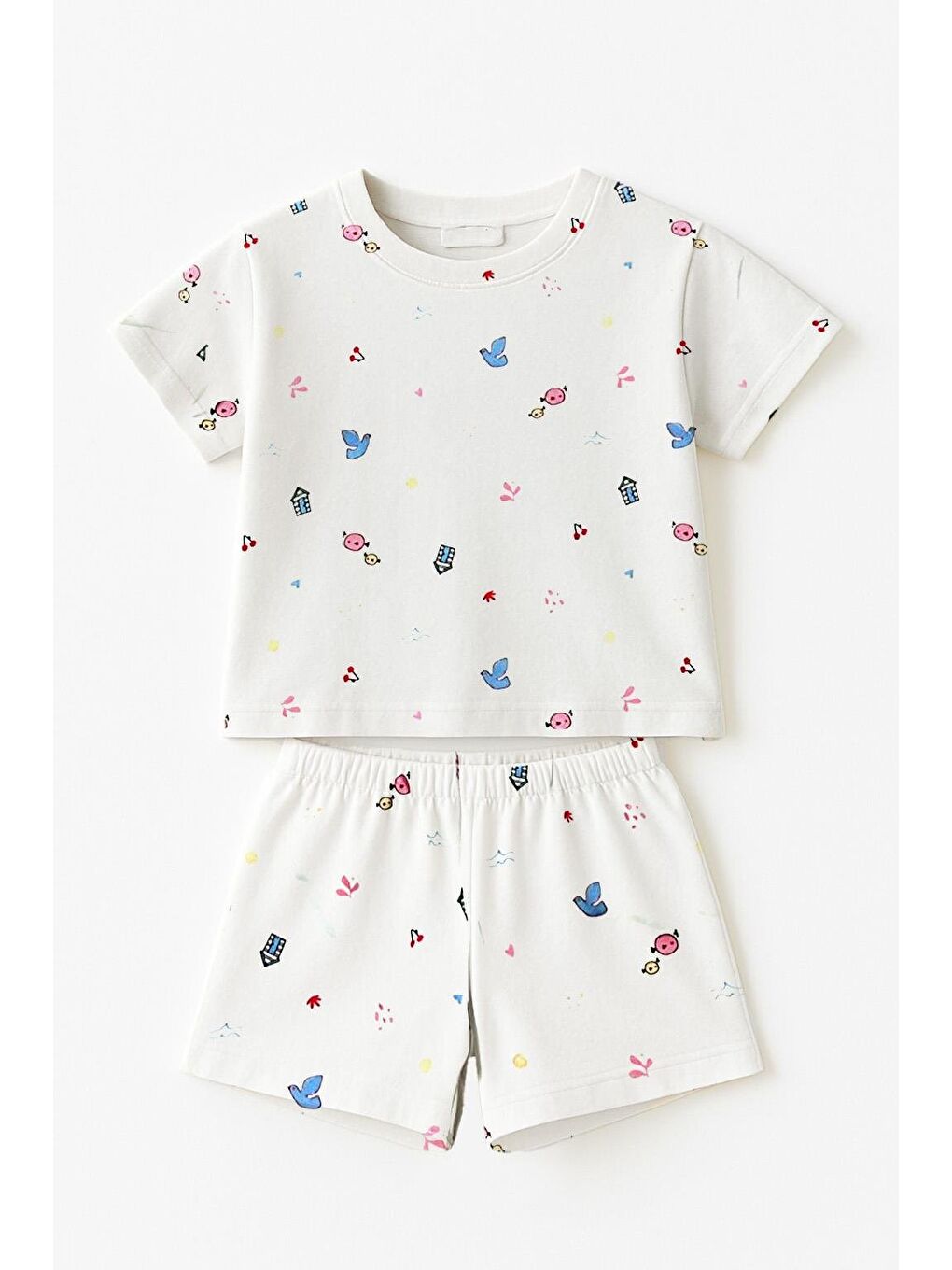 Beyaz Kız Çocuk %100 Pamuklu Kuş Desenli Şortlu Takım (3-4 Yaş 8-9 Yaş)-1