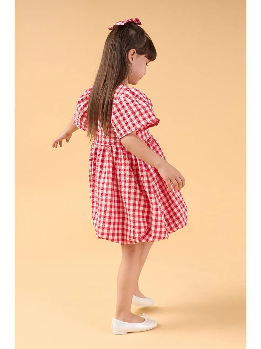 Karışık Kız Çocuk Pamuklu Kırmızı Ekose Balon Etekli Elbise-1