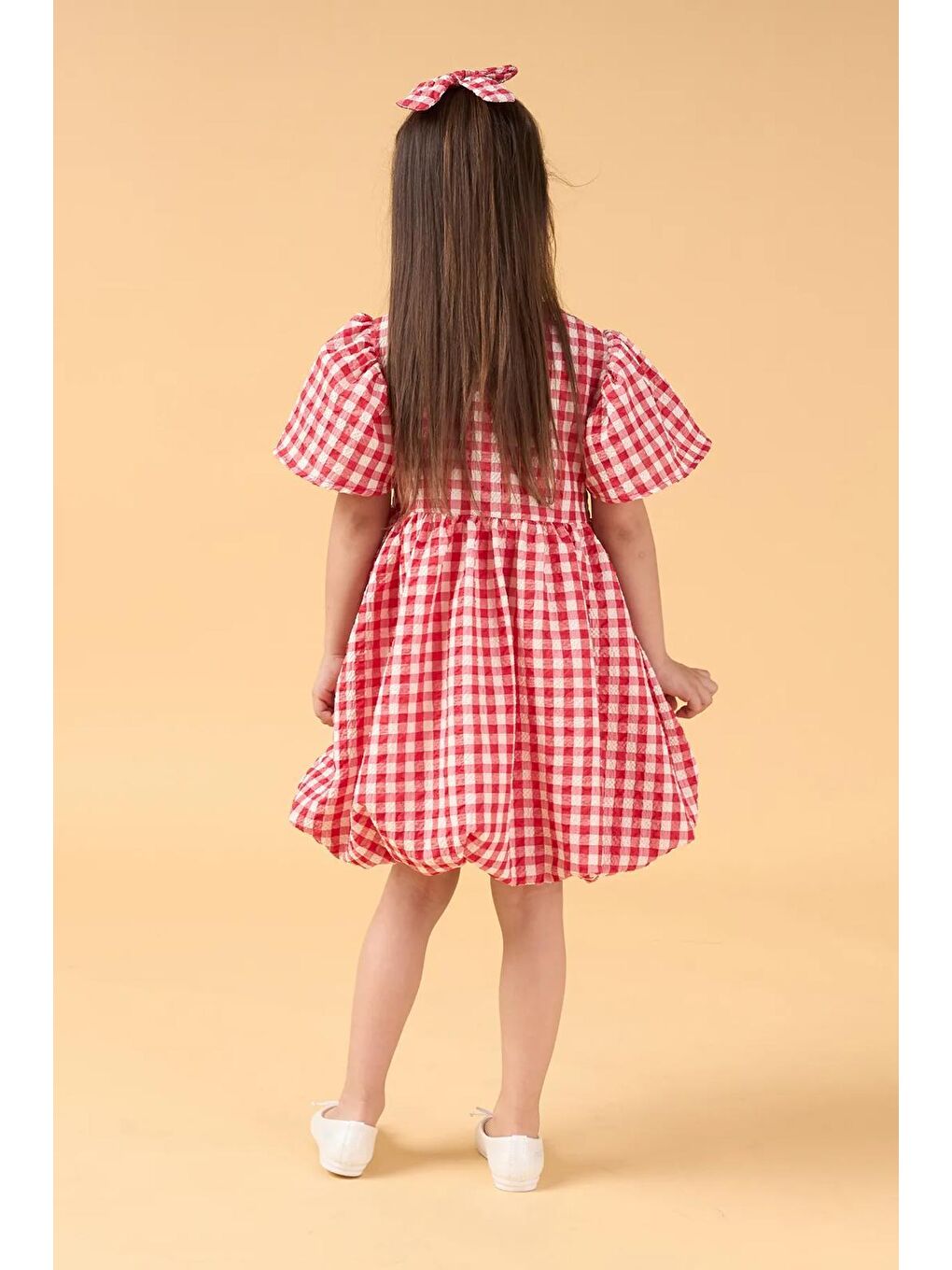 Karışık Kız Çocuk Pamuklu Kırmızı Ekose Balon Etekli Elbise-2