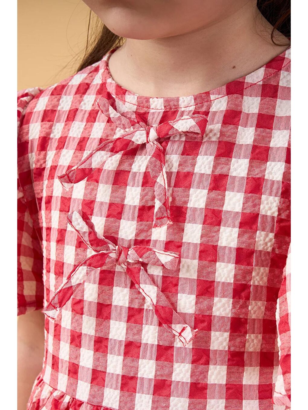 Karışık Kız Çocuk Pamuklu Kırmızı Ekose Balon Etekli Elbise-5