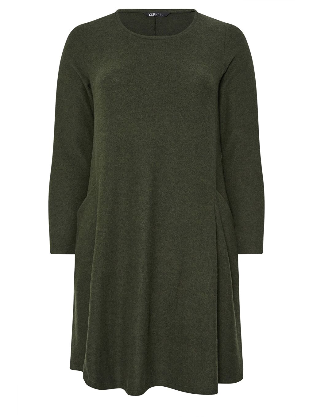 Haki Büyük Beden Bisiklet Yaka Uzun Kollu Cepli Pelüş Midi Elbise 285079-5