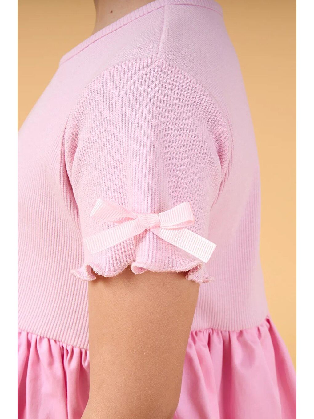 Pembe Kız Çocuk Pamuklu Balon Etekli Kısa Kollu Elbise-1