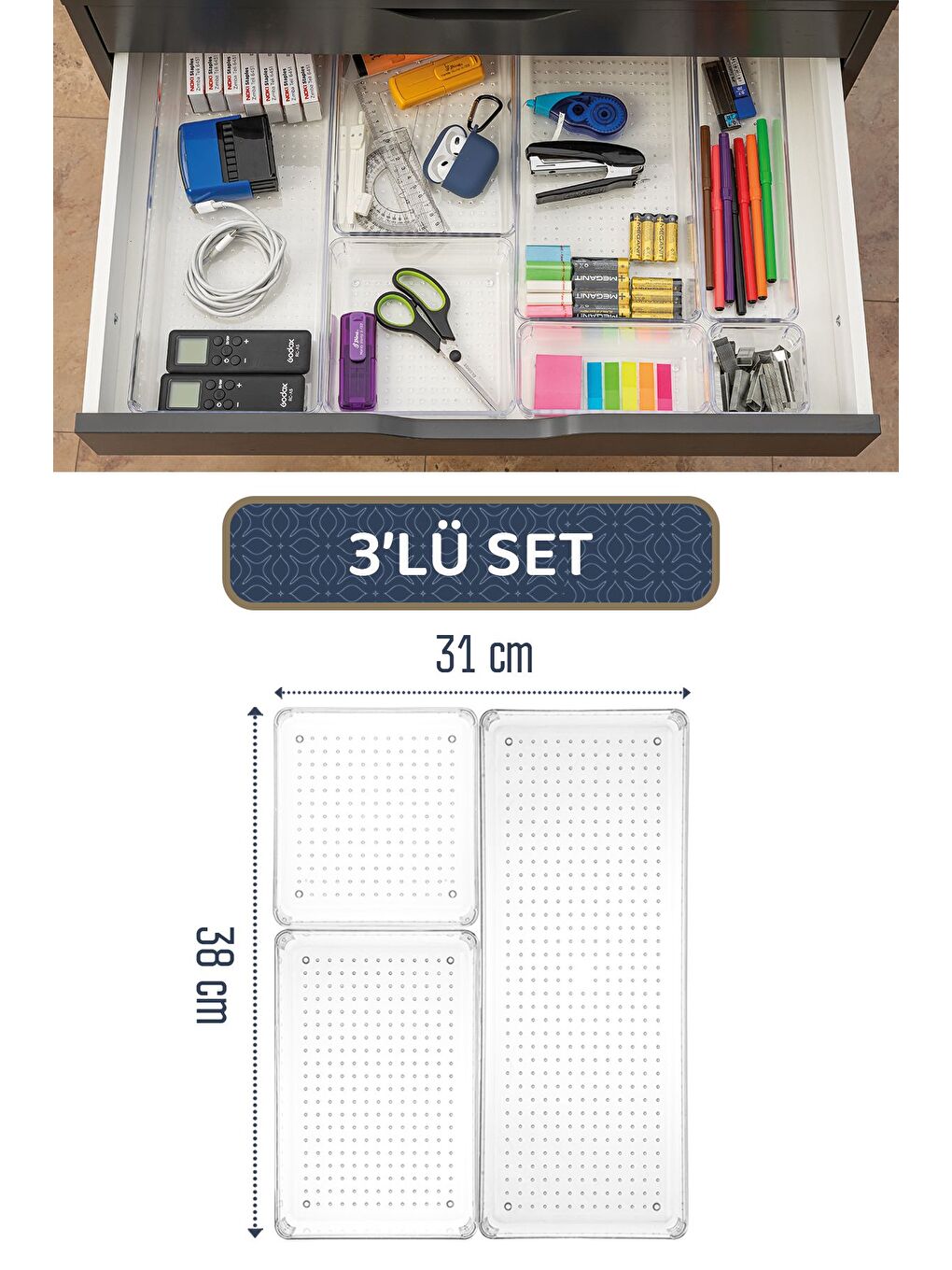 3'lü Modüler Makyaj Takı Organizer Çekmece İçi Düzenleyici Masaüstü Organizer