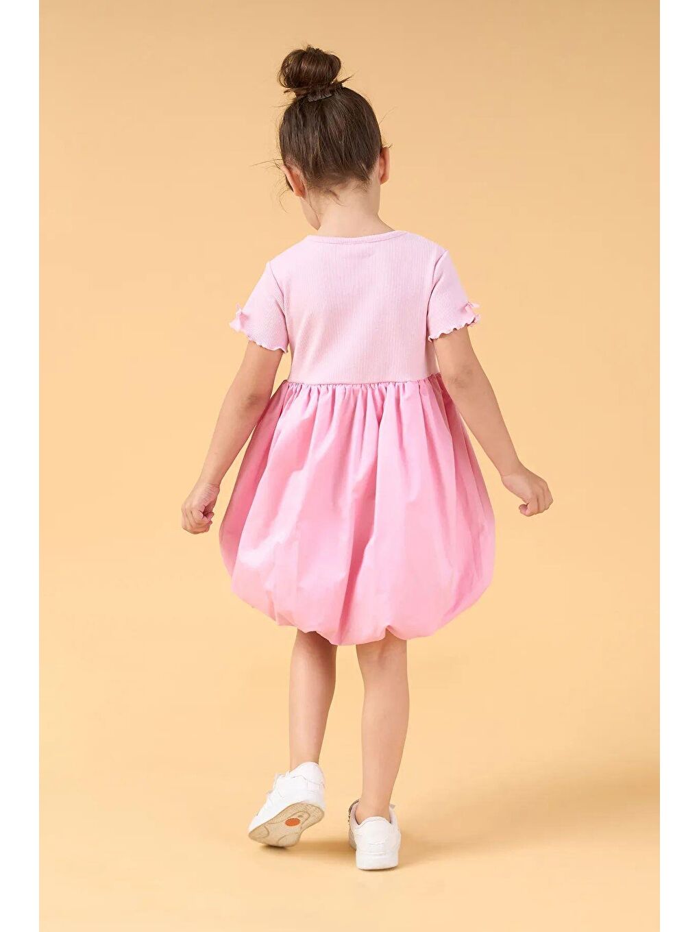 Pembe Kız Çocuk Pamuklu Balon Etekli Kısa Kollu Elbise-2