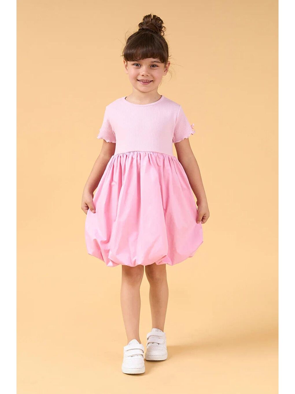 Pembe Kız Çocuk Pamuklu Balon Etekli Kısa Kollu Elbise-3