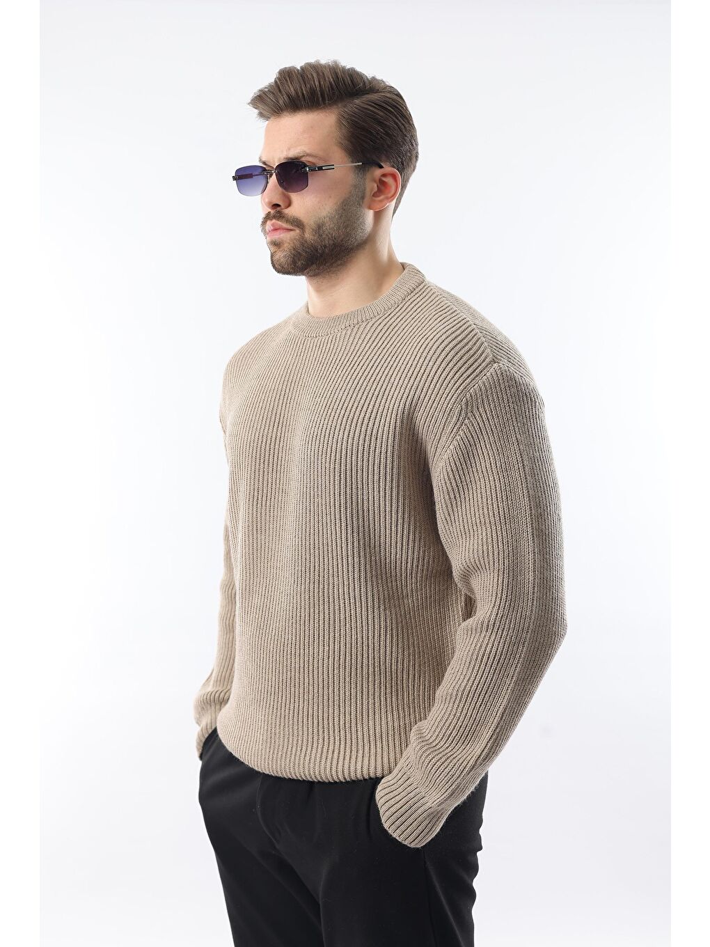 Bej Vizon Bisiklet Yaka Triko Erkek Kazak E7410-1