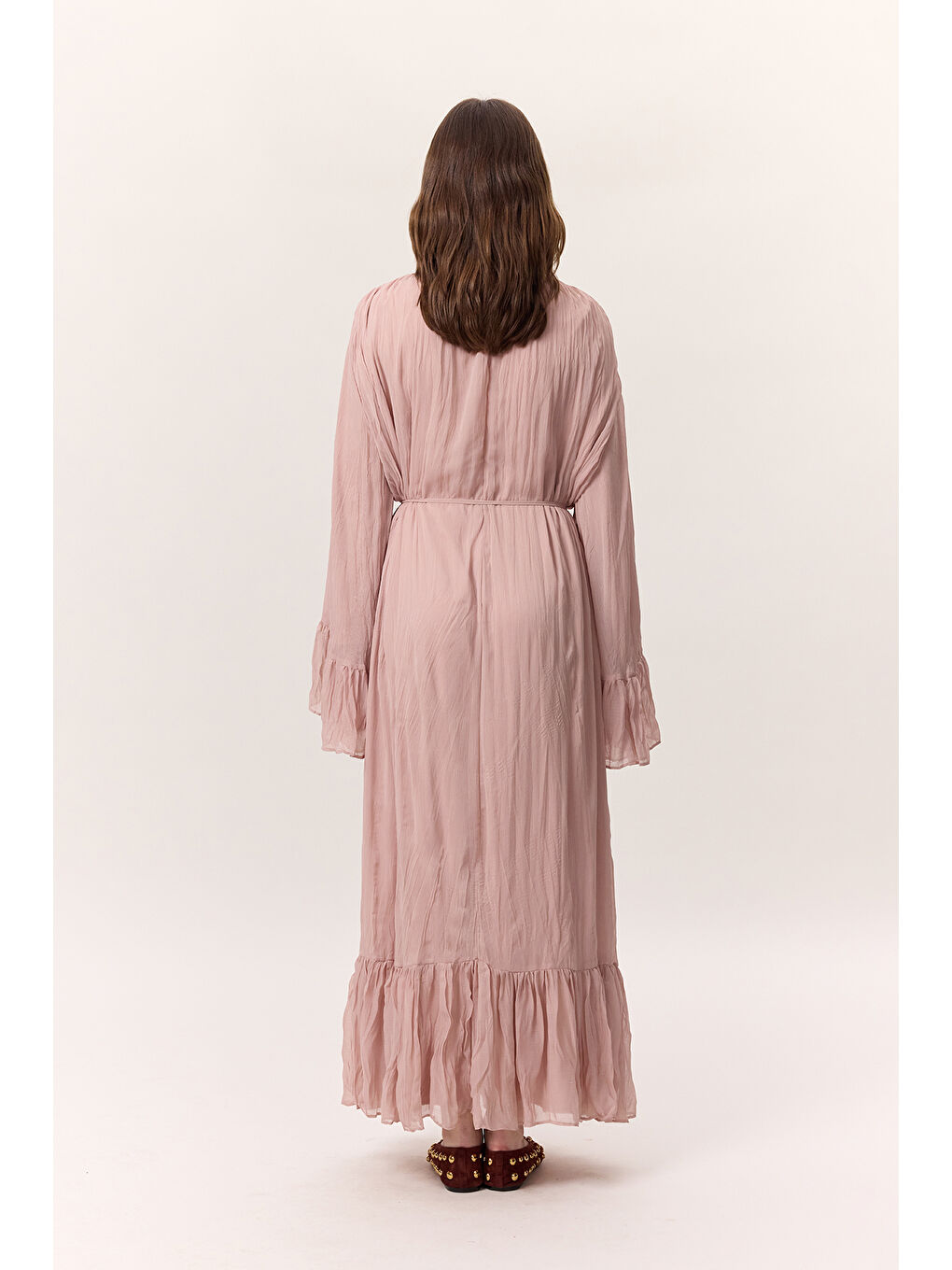 Pembe Crush Piliseli Katlı Uzun Elbise Pudra-7