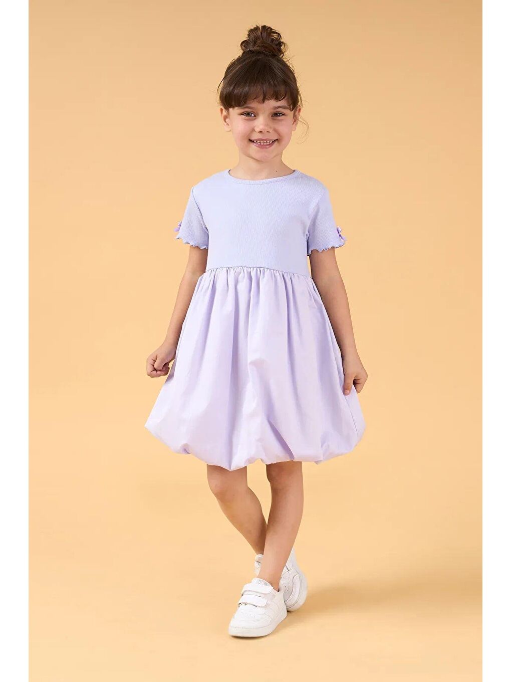 Lila Kız Çocuk Pamuklu Balon Etekli Kısa Kollu Elbise-2