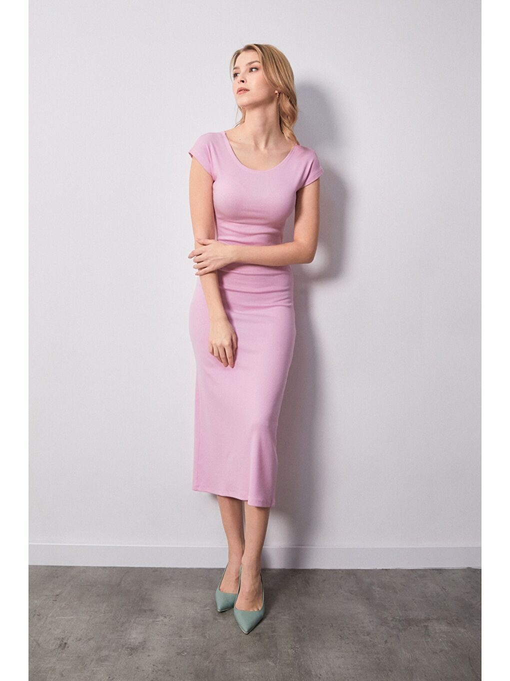 Fullamoda Pembe Basic Ribanalı Yırtmaçlı Elbise - 3