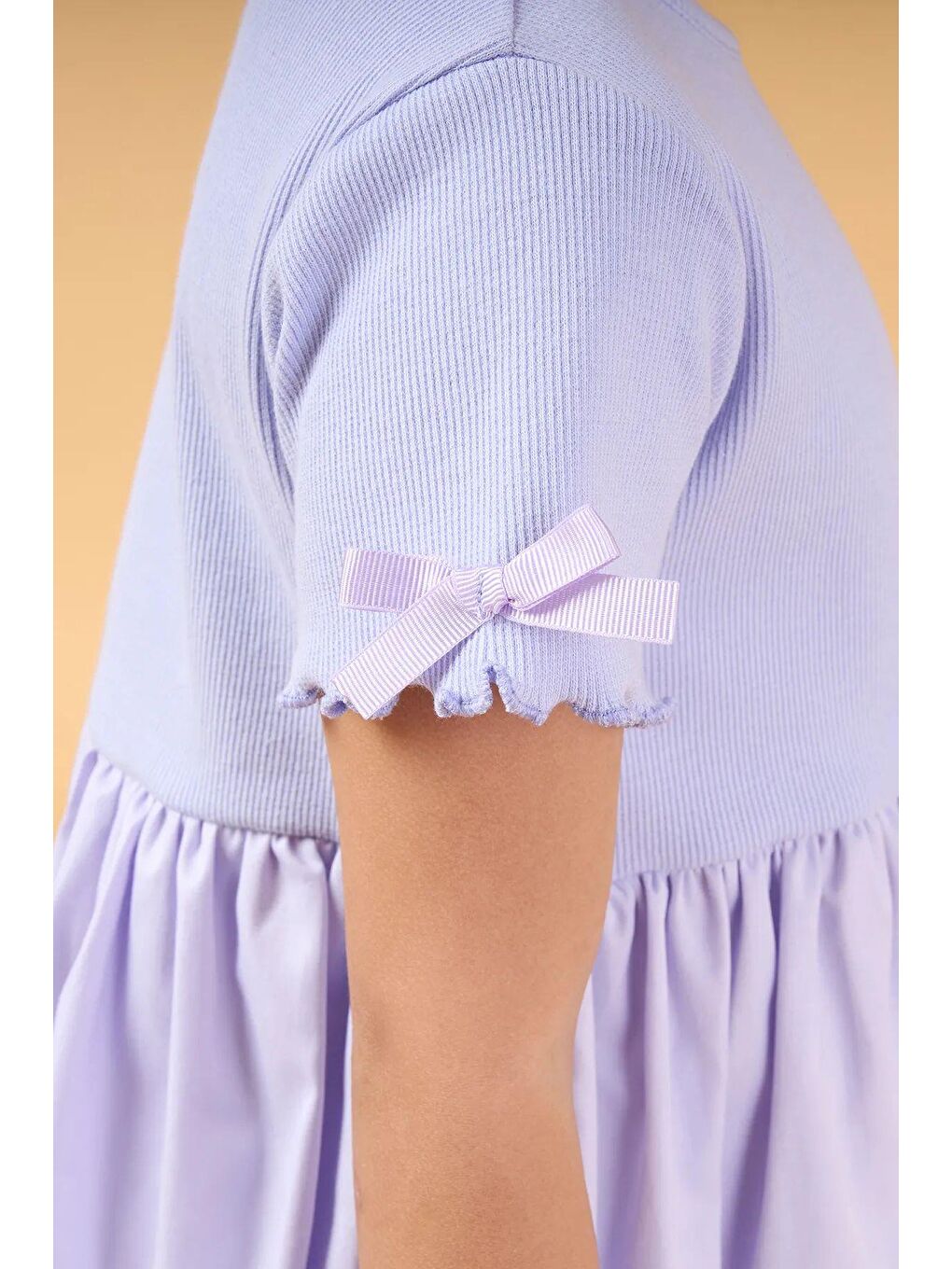 Lila Kız Çocuk Pamuklu Balon Etekli Kısa Kollu Elbise-3