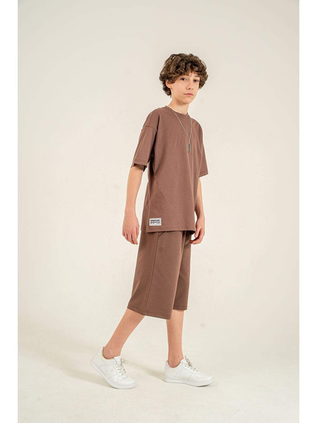 Kahverengi Athletic Arma Nakışlı Kolyeli Erkek Çocuk Şort - Tişört Takımı-2