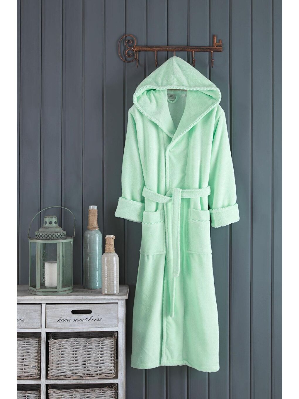 Yeşil Biyeli Kapüşonlu Bambu Bornoz MINT/XXL