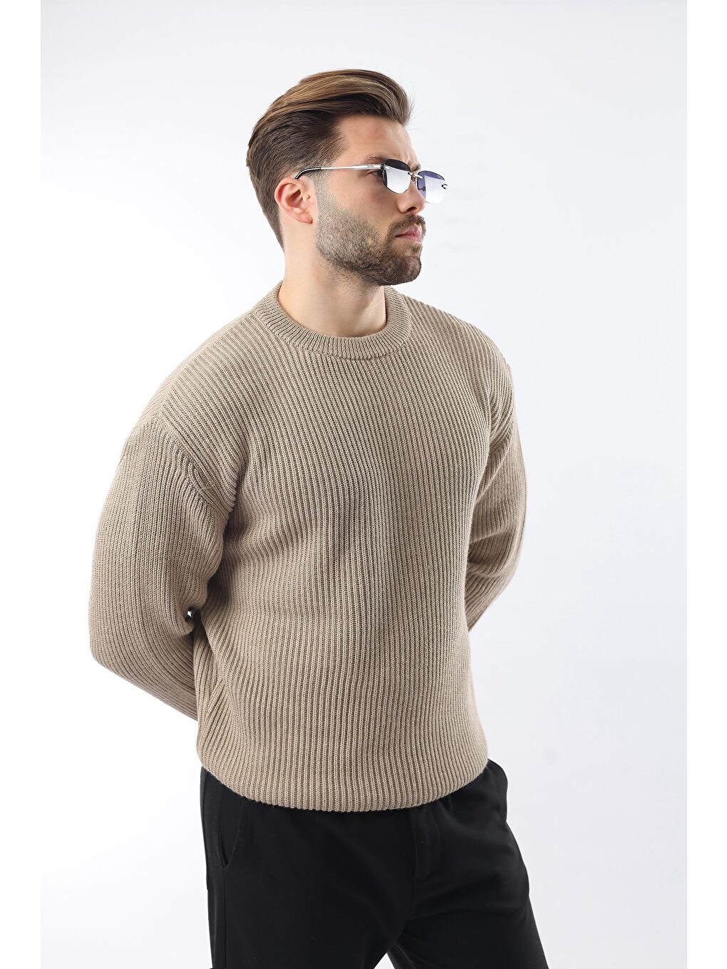 Bej Vizon Bisiklet Yaka Triko Erkek Kazak E7410-2