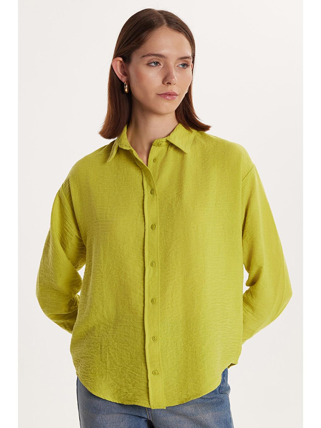 Kadın Slim Fit Dar Kesim Uzun Kollu Klasik Yaka Yeşil Gömlek-1
