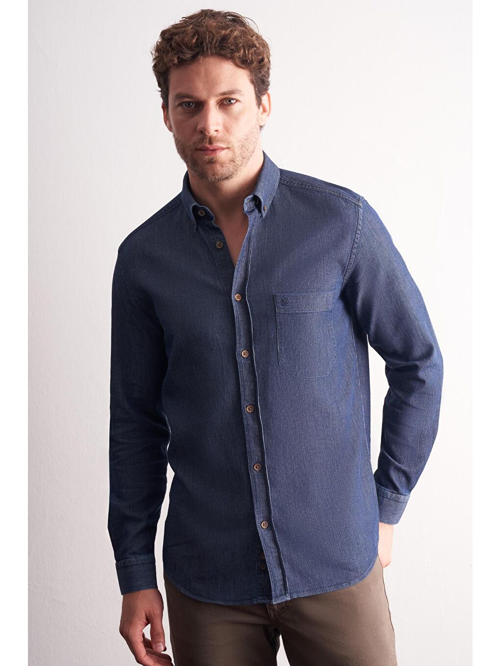 Lacivert - Beyaz Uzun Kol Düğmeli Yaka %100 Pamuk Slim Fit Gömlek 1004255199