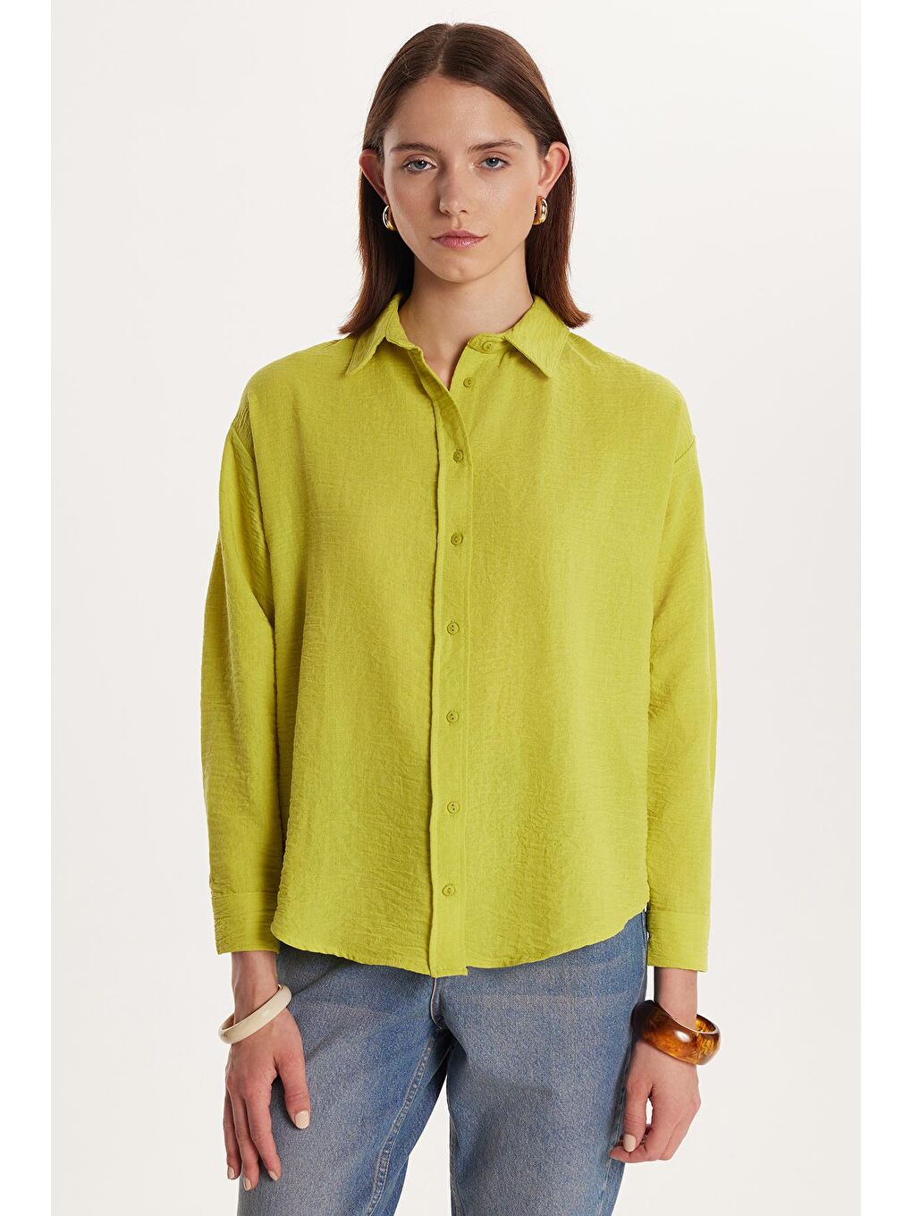 Kadın Slim Fit Dar Kesim Uzun Kollu Klasik Yaka Yeşil Gömlek-3