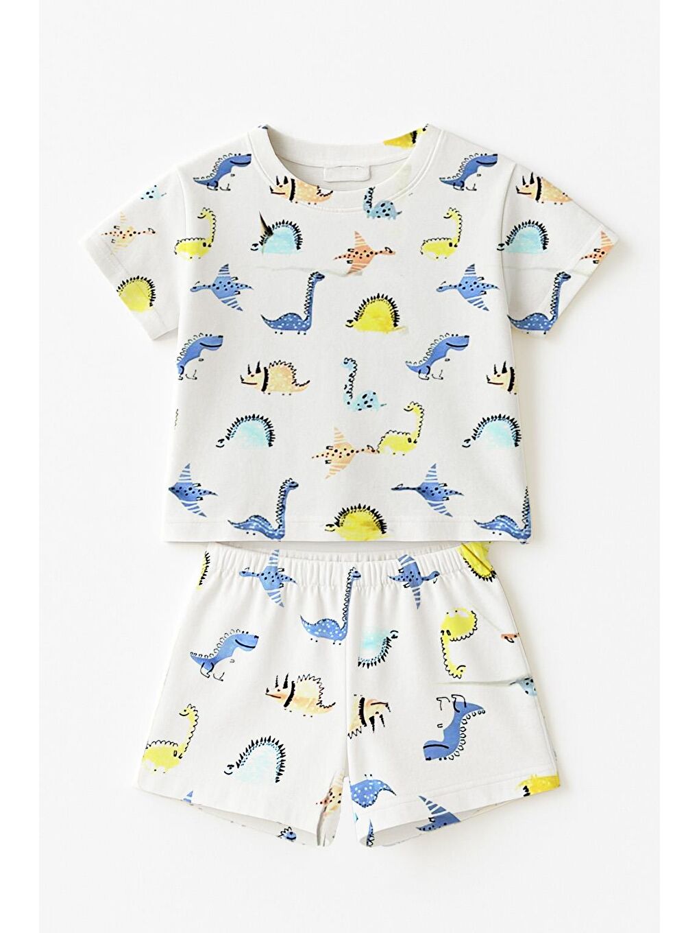 Beyaz Erkek Çocuk Dino %100 Pamuk Kısa Kollu Pijama Takımı (3-4 Yaş 8-9 Yaş)-1