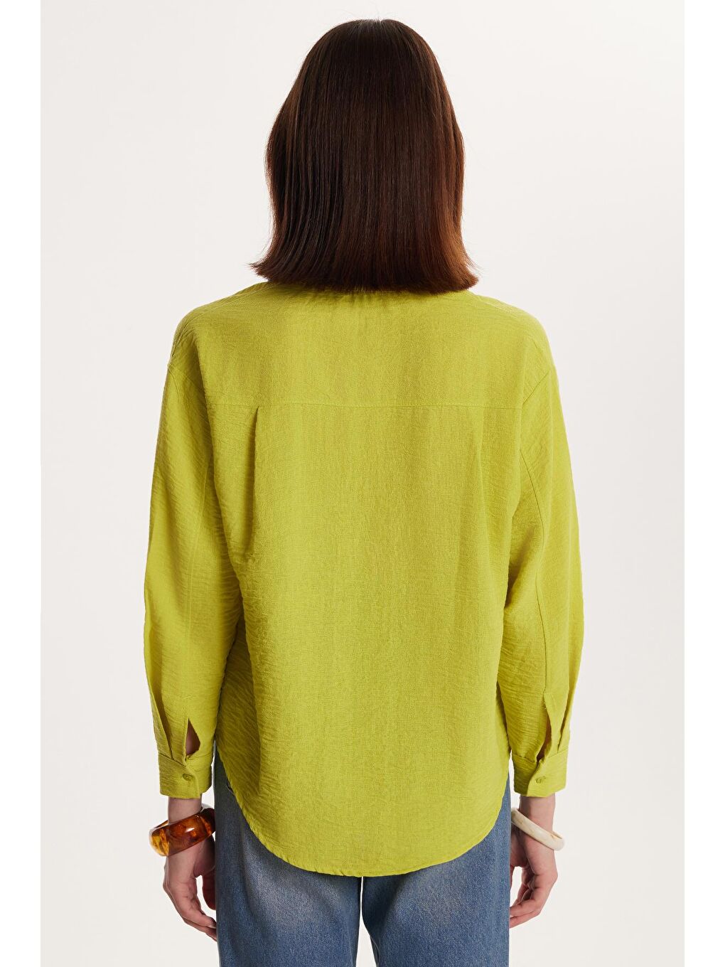 Kadın Slim Fit Dar Kesim Uzun Kollu Klasik Yaka Yeşil Gömlek-4