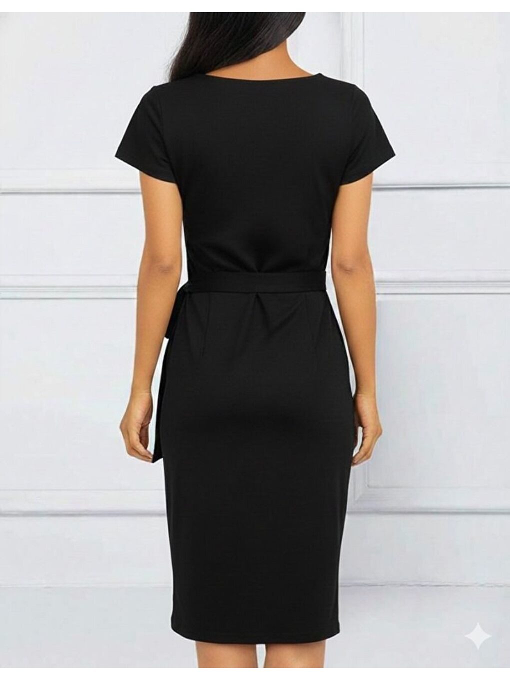 Siyah Kadın Kısa Kollu V Asimetrik Yaka Kesimli Yandan Bağlamalı Mini Janjan Krep Elbise-2