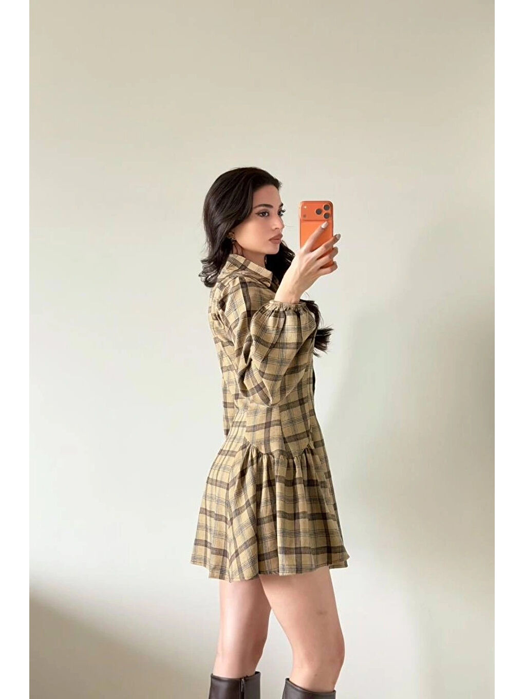 Kahverengi Kadın Kahve Ekose Gömlek Elbise 1041-2743-1