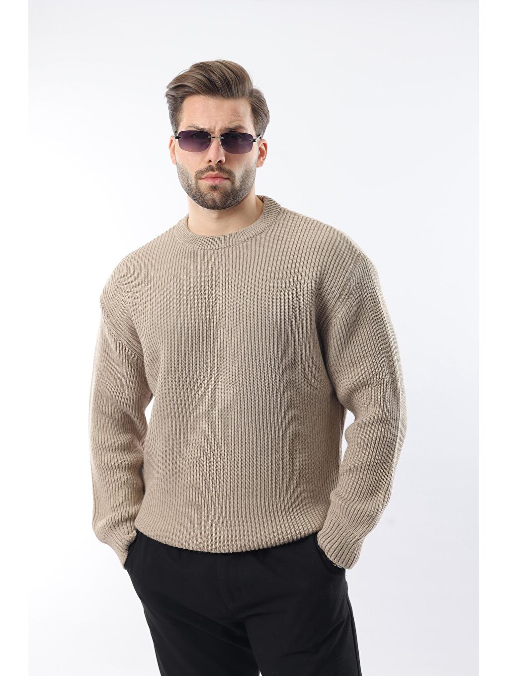 Bej Vizon Bisiklet Yaka Triko Erkek Kazak E7410-3