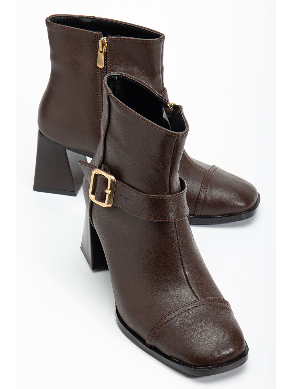 Kahverengi Kadın Kahve Cilt TPU Taban Kemer Toka Detaylı Fermuarlı Topuklu Bot-1