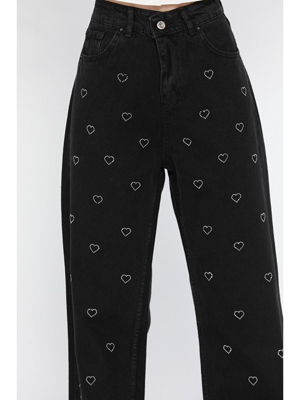 Siyah Kadın Yüksek Bel Kalp Desenli Jean Pantolon-2