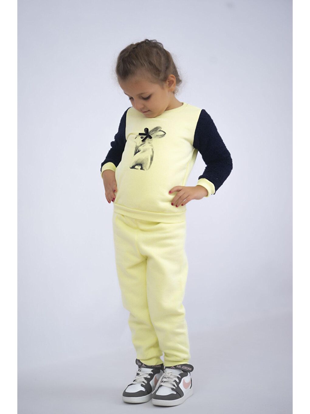 Sarı Kız Çocuk Baskılı 3 İplik Şardonlu Kalın Kumaş Basic Eşofman Takımı