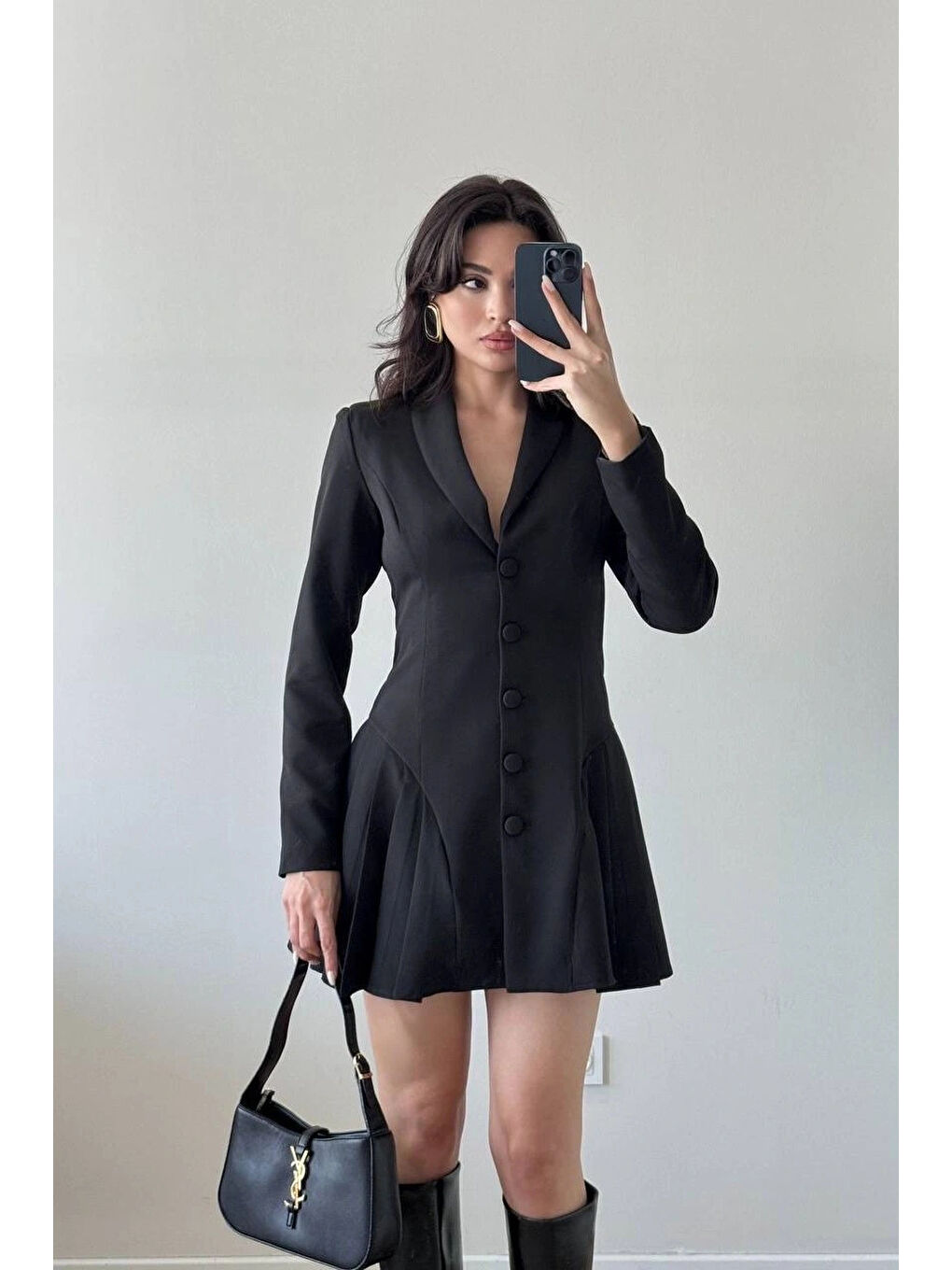 Kadın Siyah Pileli Ceket Elbise 1041-2707-1