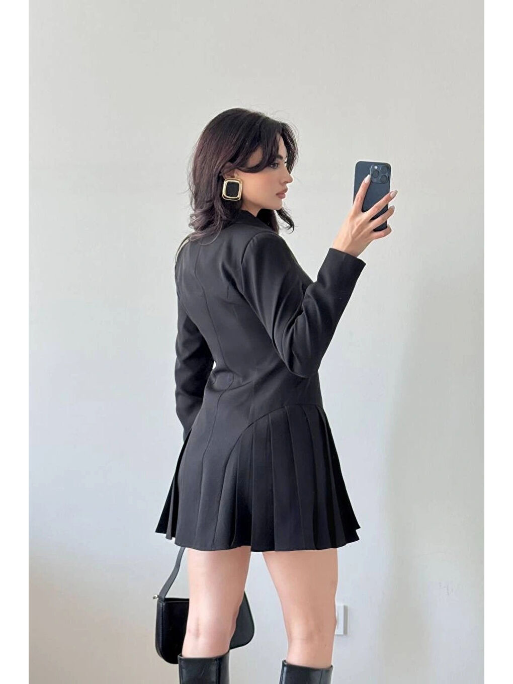 Kadın Siyah Pileli Ceket Elbise 1041-2707-2