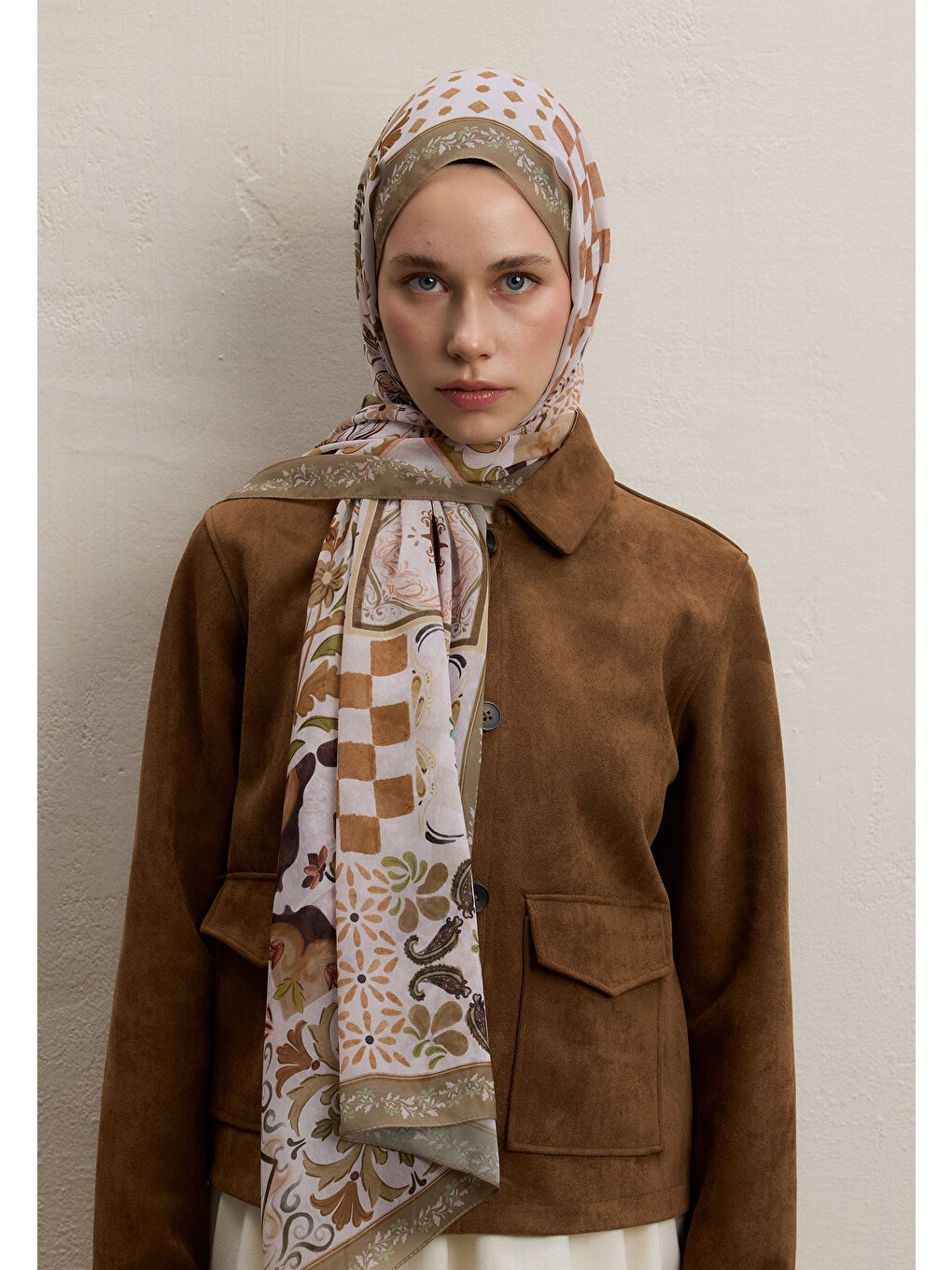 Kahverengi Bella Desen İpek Krep Şal Toprak-1