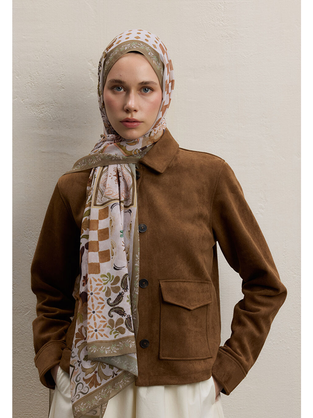Kahverengi Bella Desen İpek Krep Şal Toprak-2