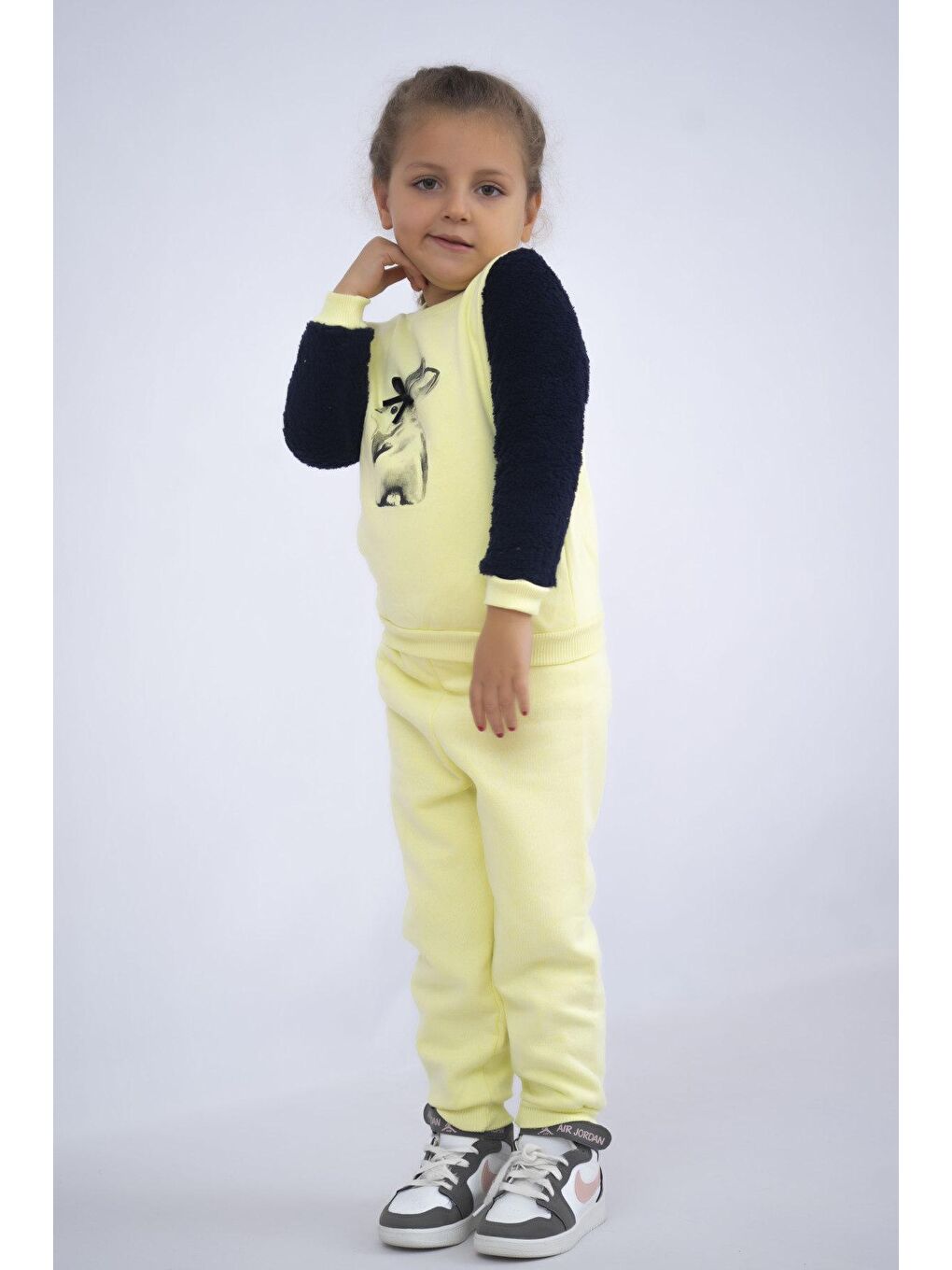 Sarı Kız Çocuk Baskılı 3 İplik Şardonlu Kalın Kumaş Basic Eşofman Takımı-1