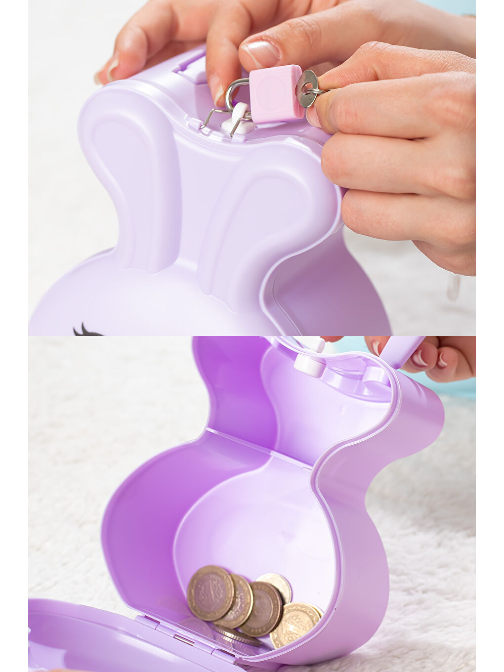 041-1 Pvc Anahtarlı Kilitli Gülenyüz Kumbara Lila 12,5X15,5cm-2