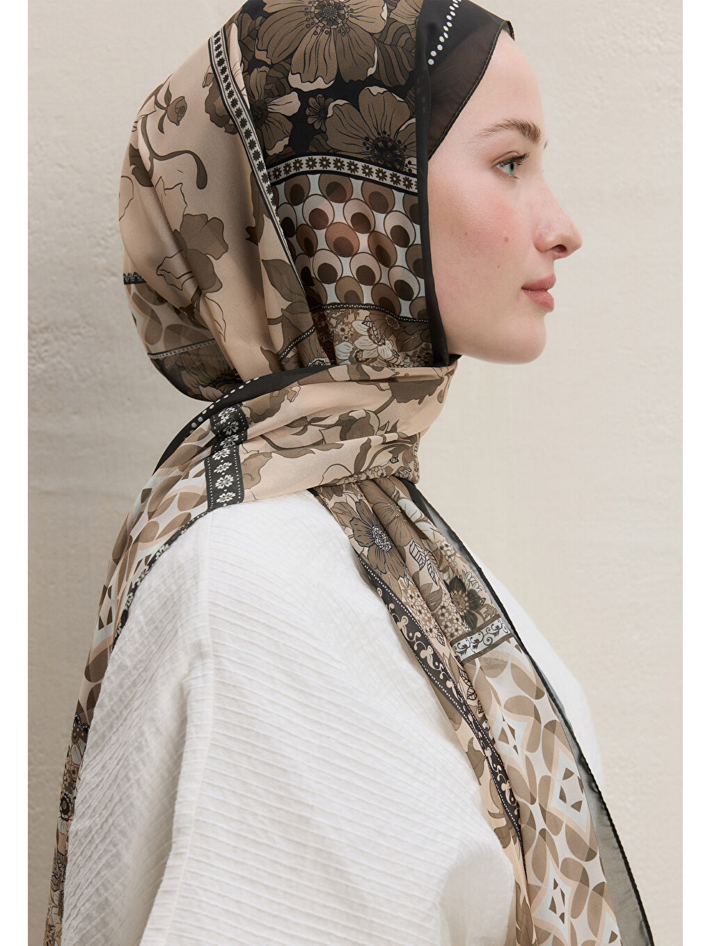 Kahverengi Wıld Botanıcal Desen İpek Krep Şal Acı Kahve-1