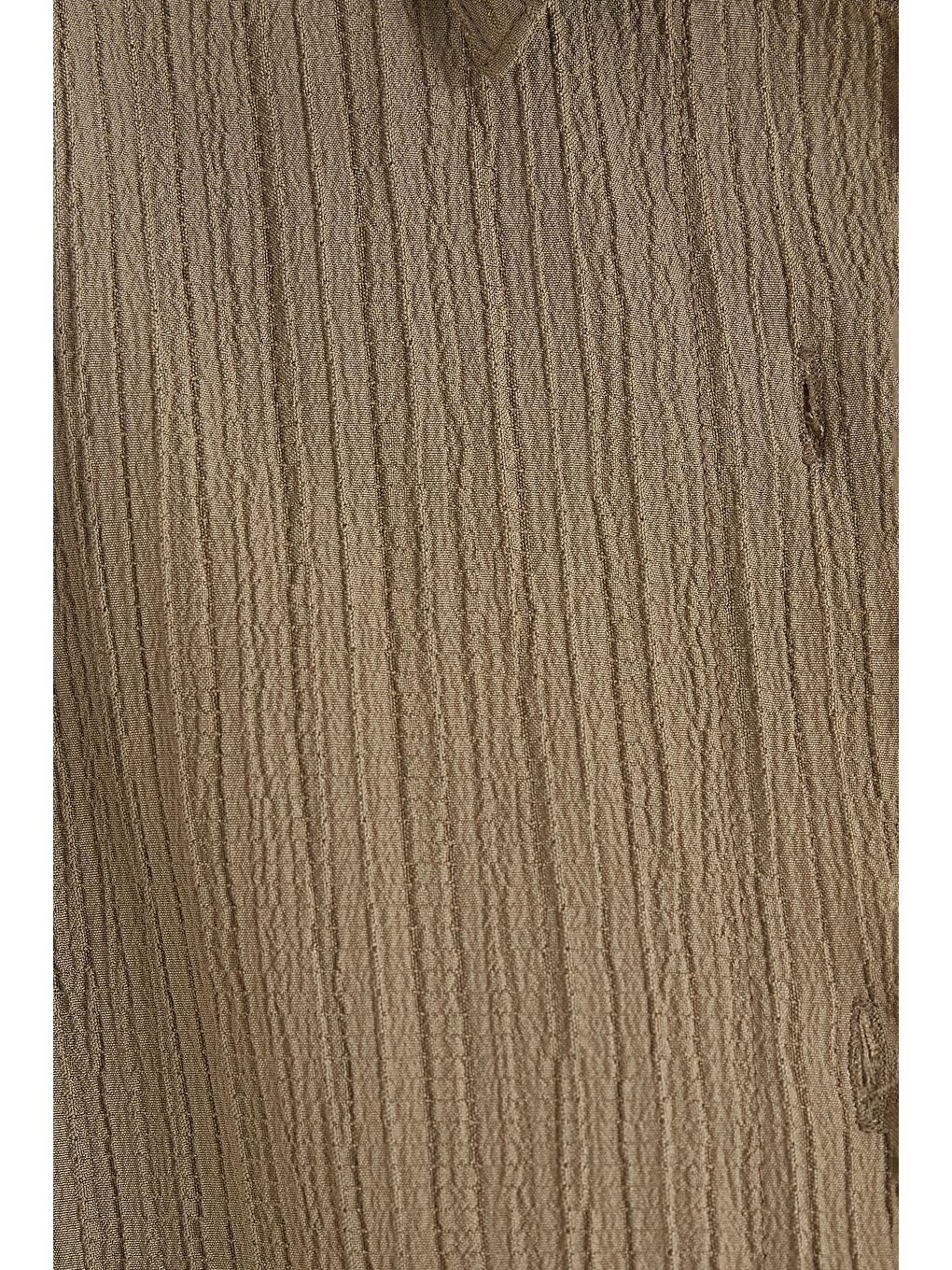 Kadın Oversize Geniş Kesim Bürümcük Pens Detaylı Uzun Kollu Dokulu Haki Gömlek-5