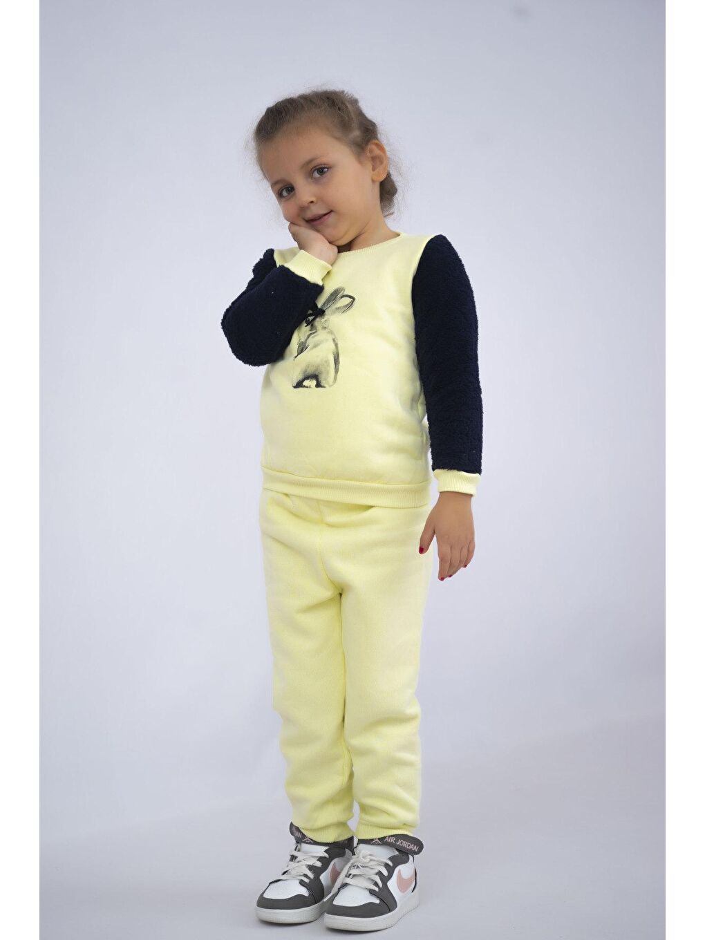 Sarı Kız Çocuk Baskılı 3 İplik Şardonlu Kalın Kumaş Basic Eşofman Takımı-2
