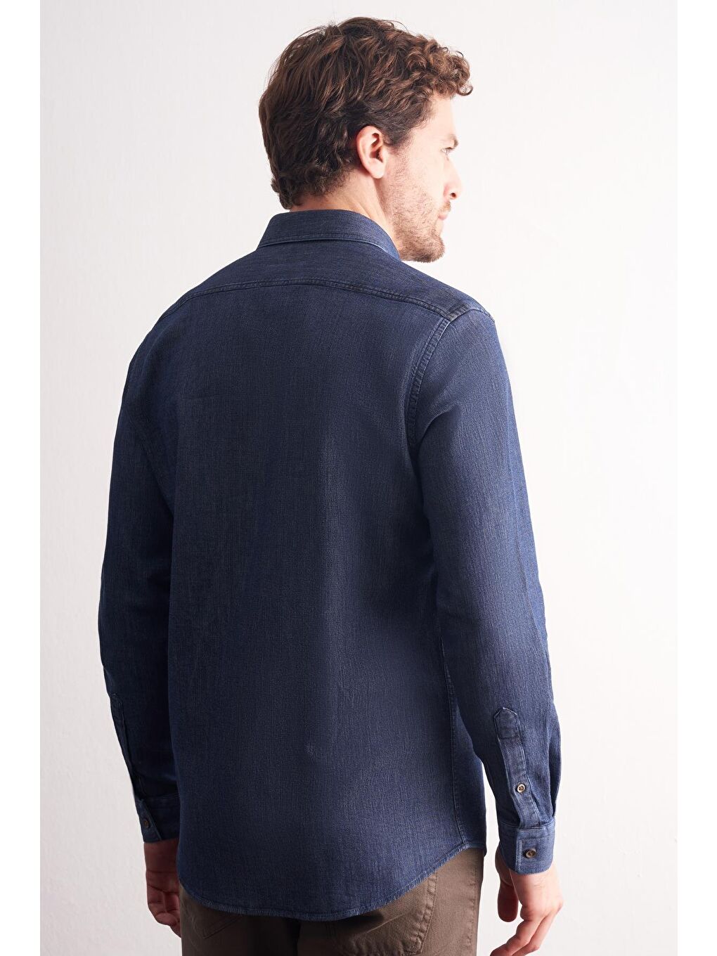 Lacivert - Beyaz Uzun Kol Düğmeli Yaka %100 Pamuk Slim Fit Gömlek 1004255199-4