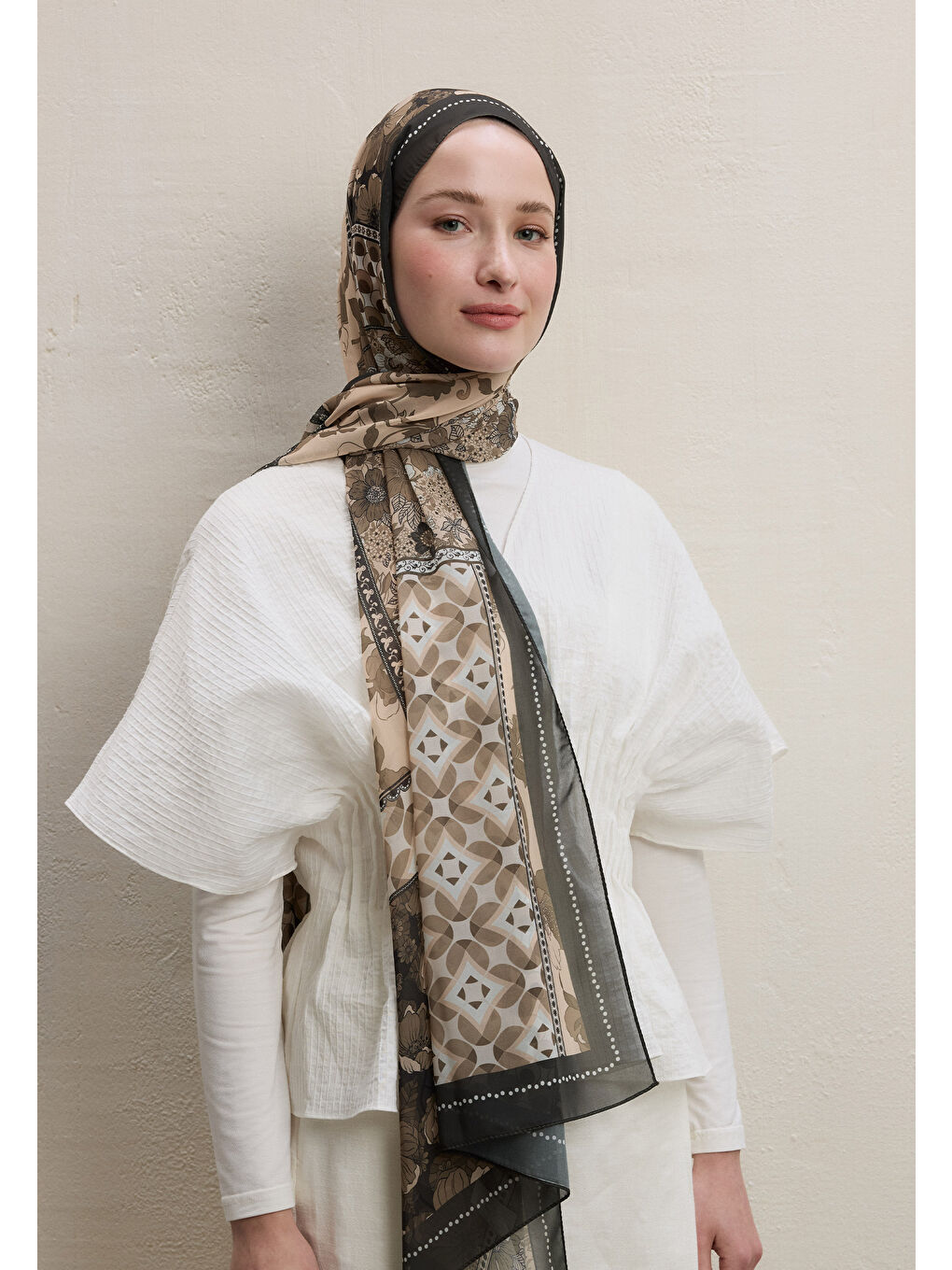 Kahverengi Wıld Botanıcal Desen İpek Krep Şal Acı Kahve-3