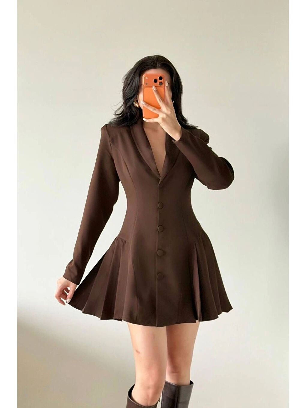 Kahverengi Kadın Kahve Pileli Ceket Elbise 1041-2707-1