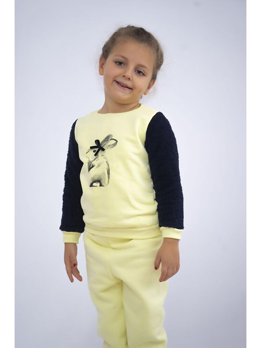 Sarı Kız Çocuk Baskılı 3 İplik Şardonlu Kalın Kumaş Basic Eşofman Takımı-3
