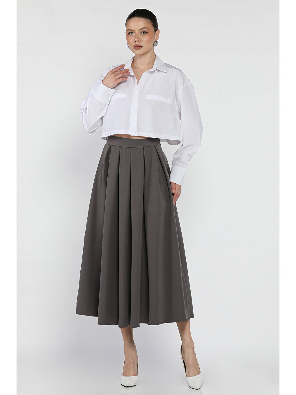 Gri Kadın Yan Fermuarlı Pileli Etek