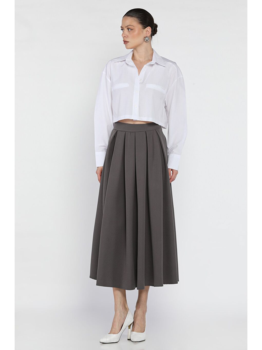 Gri Kadın Yan Fermuarlı Pileli Etek-1