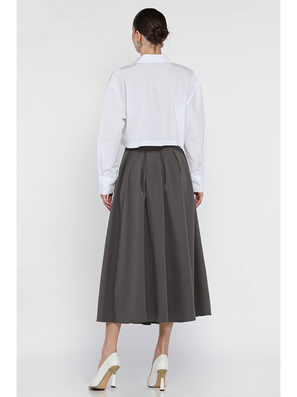 Gri Kadın Yan Fermuarlı Pileli Etek-2