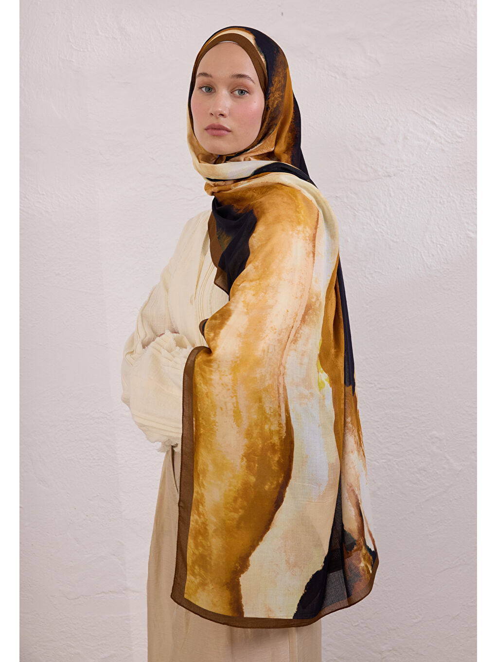 Kahverengi Color Waves Desen Rami Şal Kahve