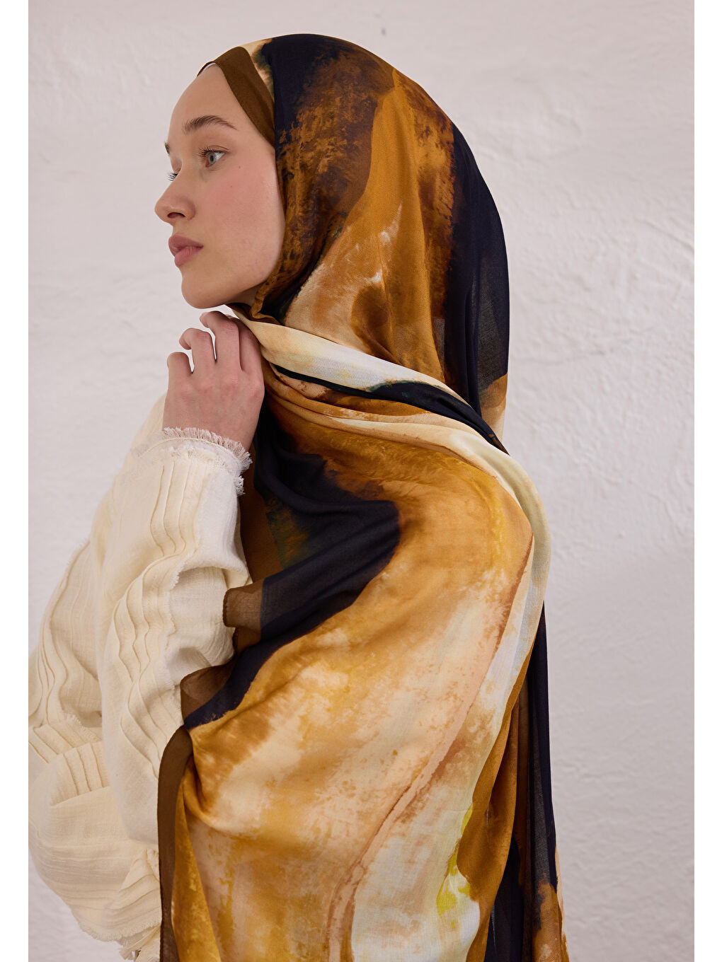 Kahverengi Color Waves Desen Rami Şal Kahve-1