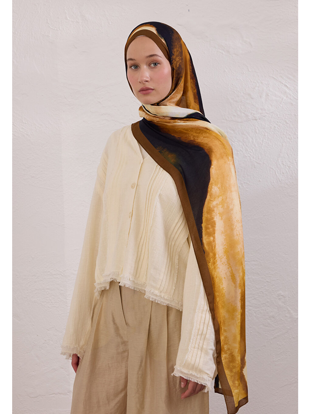 Kahverengi Color Waves Desen Rami Şal Kahve-2