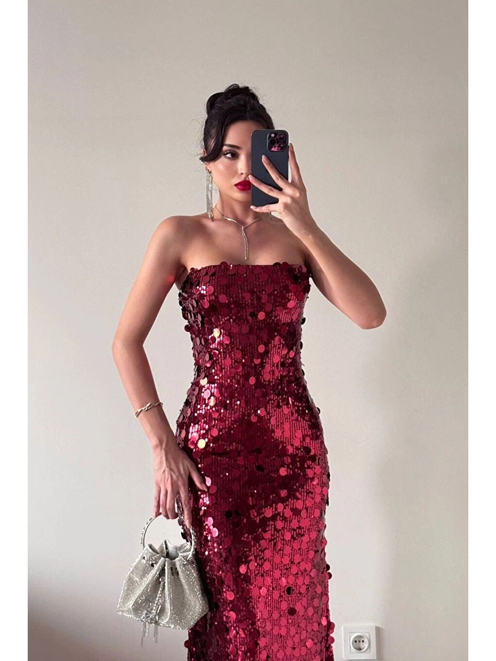 Kadın Kırmızı Straplez PulPayet Elbise 1041-2719-2